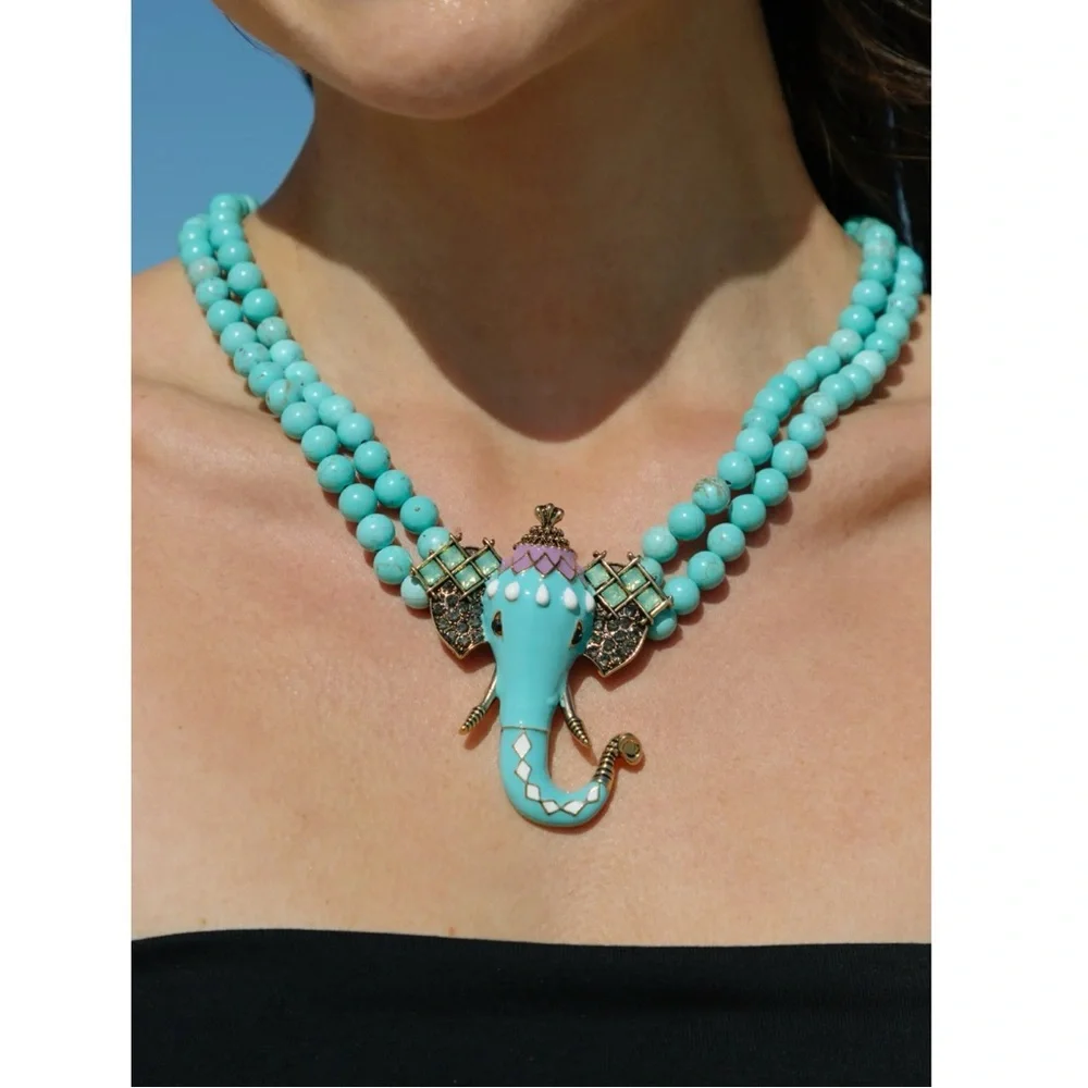 Elephant Teal Turquoise Stone and Jewel Statement Necklace 12”